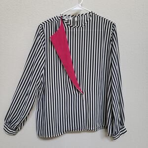Partners Vintage Blouse Womens Large Long Sleeve Navy Blue White Stripe Pink